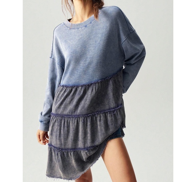 Dresses & Skirts - Color Block Mineral Wash Frayed Detail Oversized Long Sleeve Dress